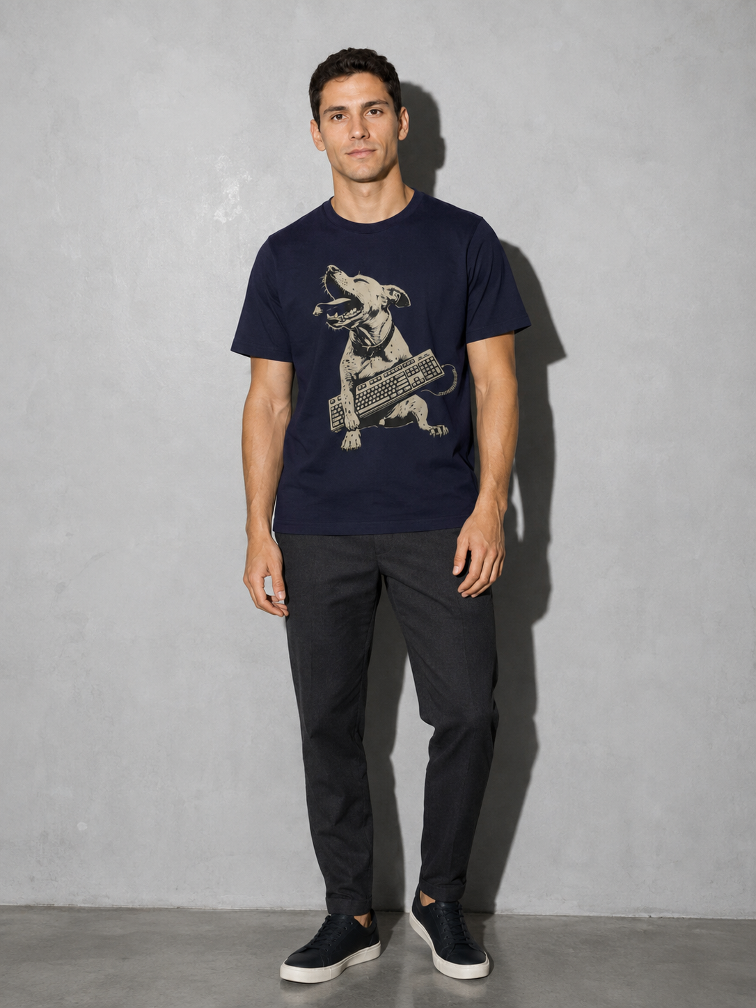 dog holding keyboard – True Navy