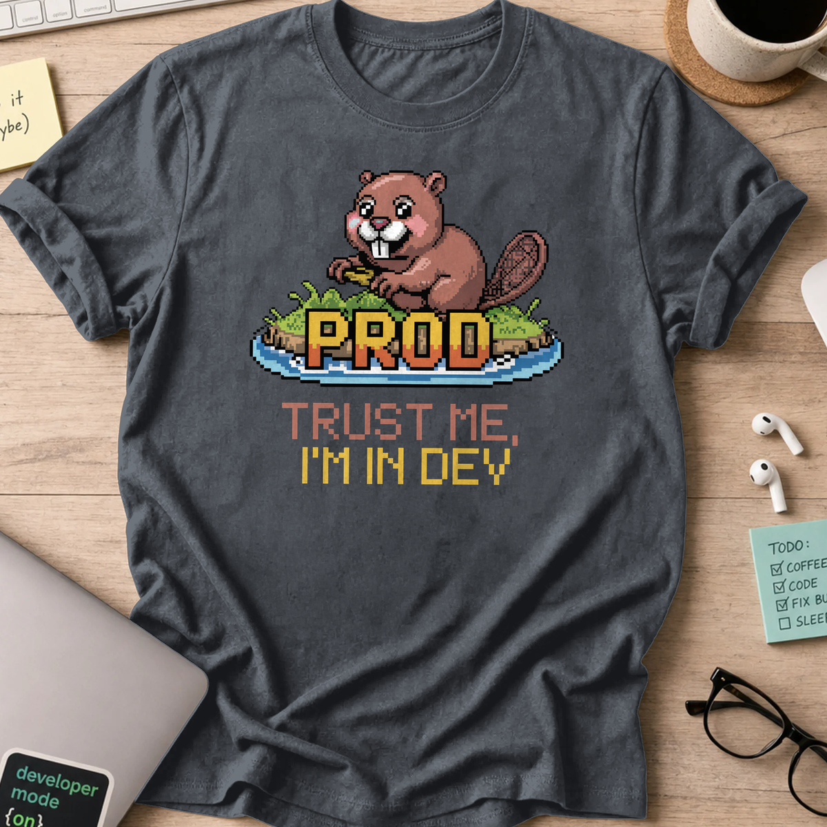 Dark Heather Grey programmer shirt printed with "trust me im in dev", a funny developer t-shirt and coding gift for software engineers and coders.