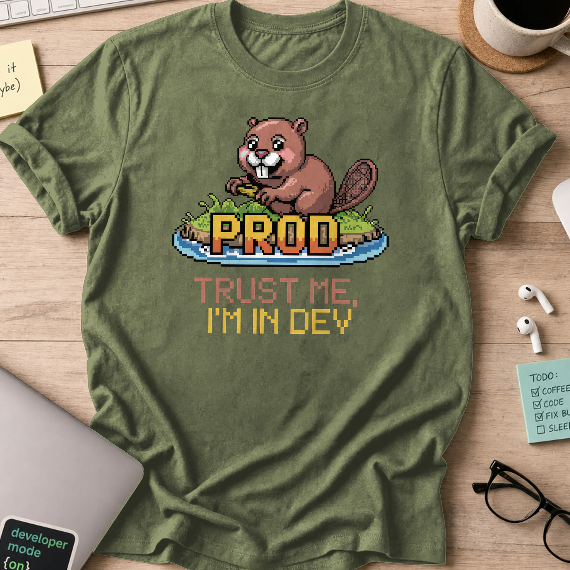 Military Green programmer shirt printed with "trust me im in dev", a funny developer t-shirt and coding gift for software engineers and coders.