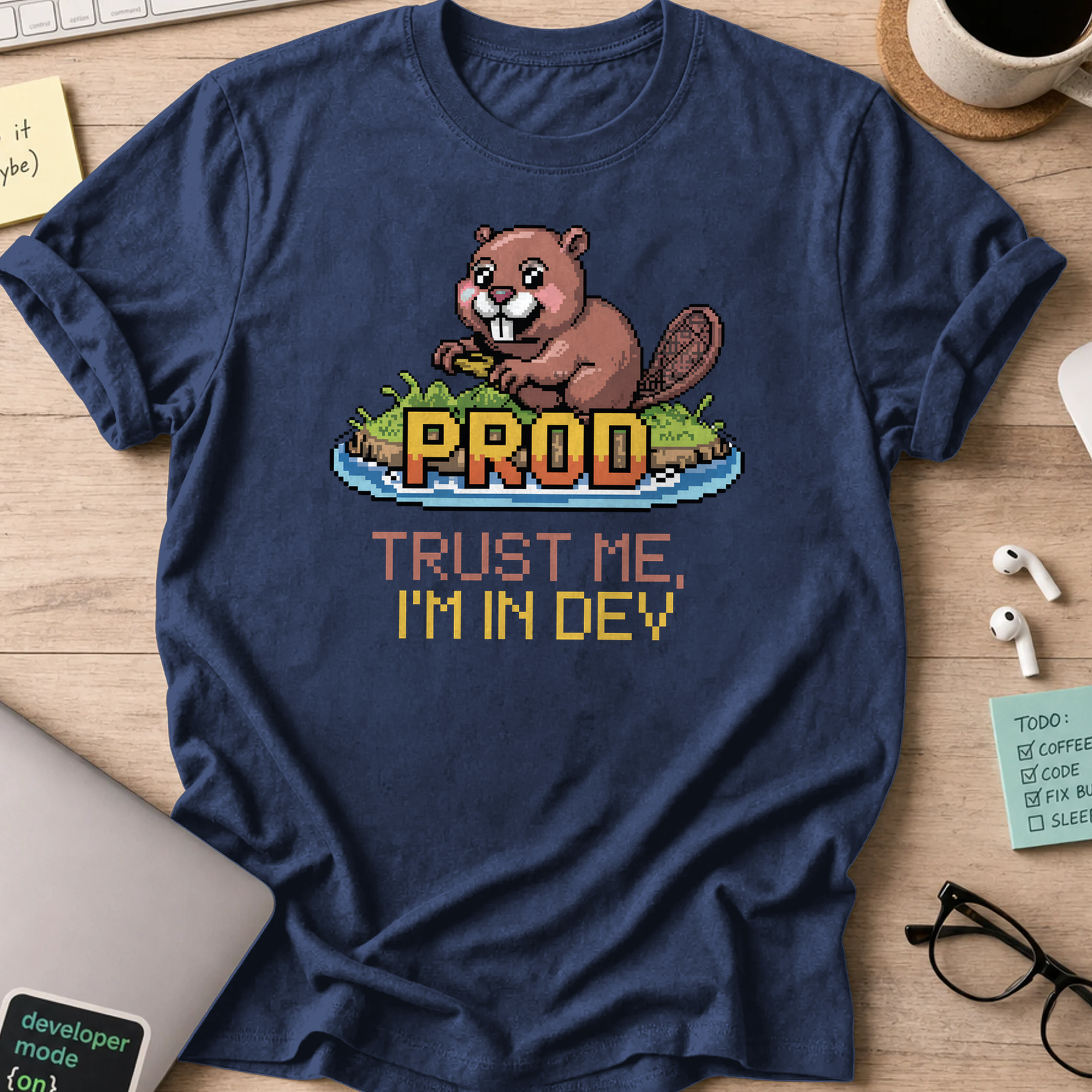 Navy programmer shirt printed with "trust me im in dev", a funny developer t-shirt and coding gift for software engineers and coders.