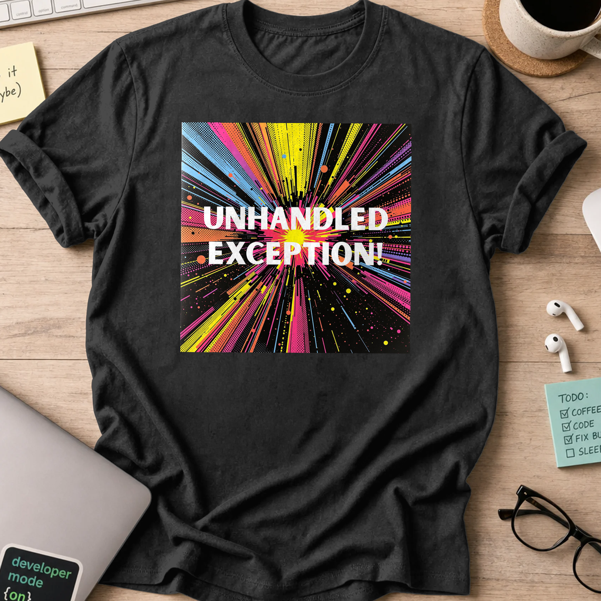 Black programmer shirt printed with "unhandled exception", a funny developer t-shirt and coding gift for software engineers and coders.