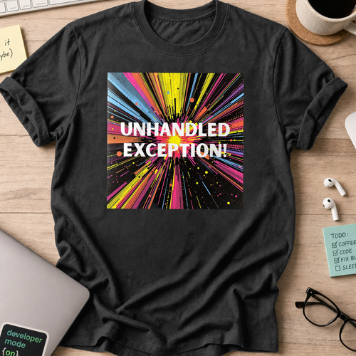 Black programmer shirt printed with "unhandled exception", a funny developer t-shirt and coding gift for software engineers and coders.