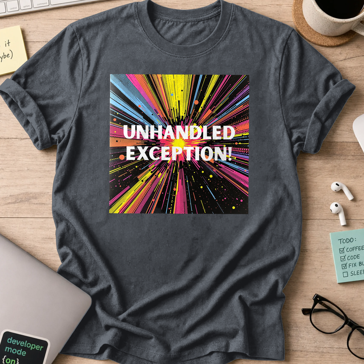 Dark Heather Grey programmer shirt printed with "unhandled exception", a funny developer t-shirt and coding gift for software engineers and coders.