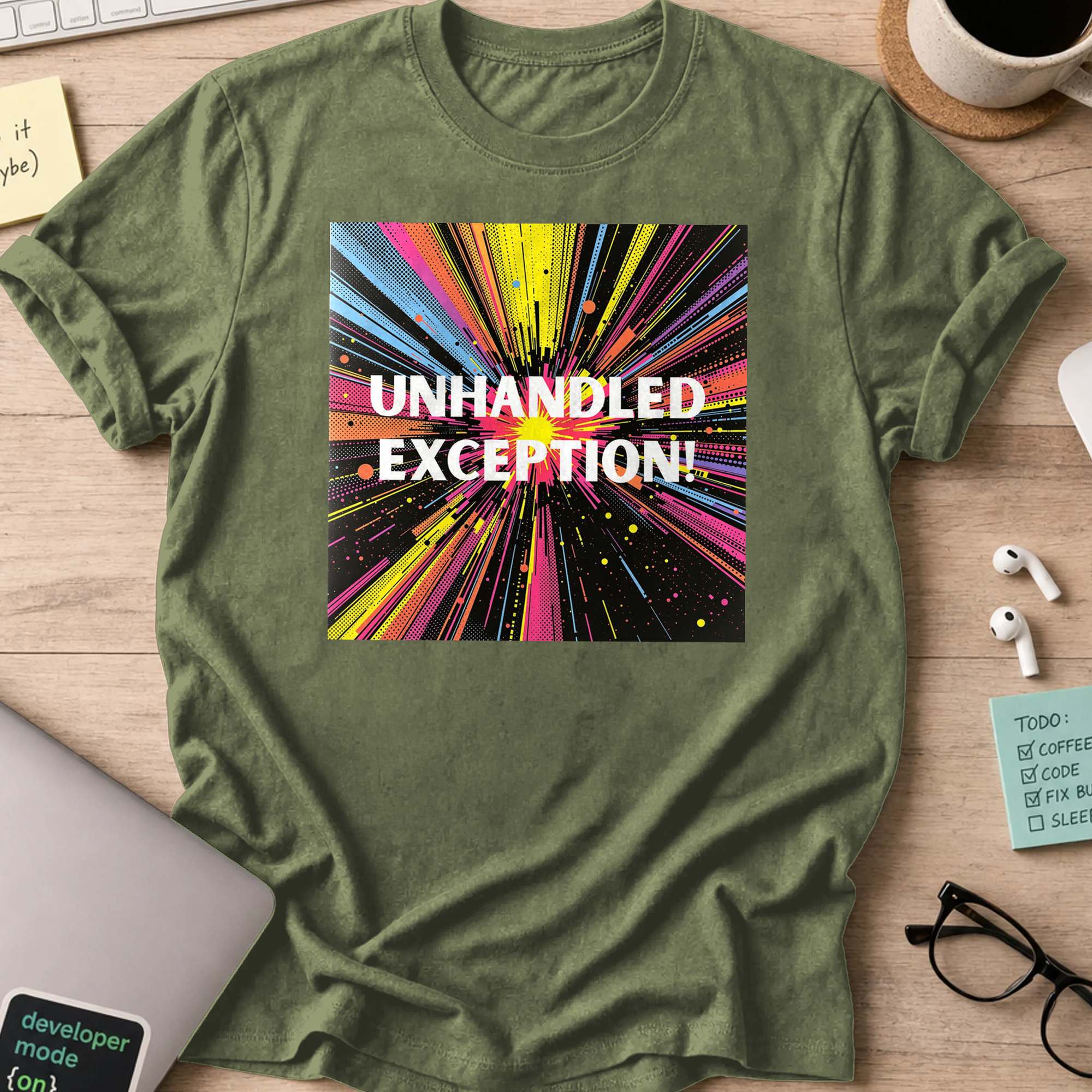 Military Green programmer shirt printed with "unhandled exception", a funny developer t-shirt and coding gift for software engineers and coders.