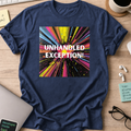 Navy programmer shirt printed with "unhandled exception", a funny developer t-shirt and coding gift for software engineers and coders.