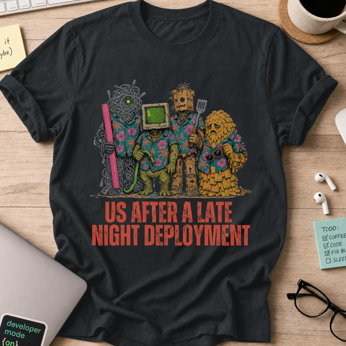 Us After a Late Night Deployment Shirt — Black storefront mockup