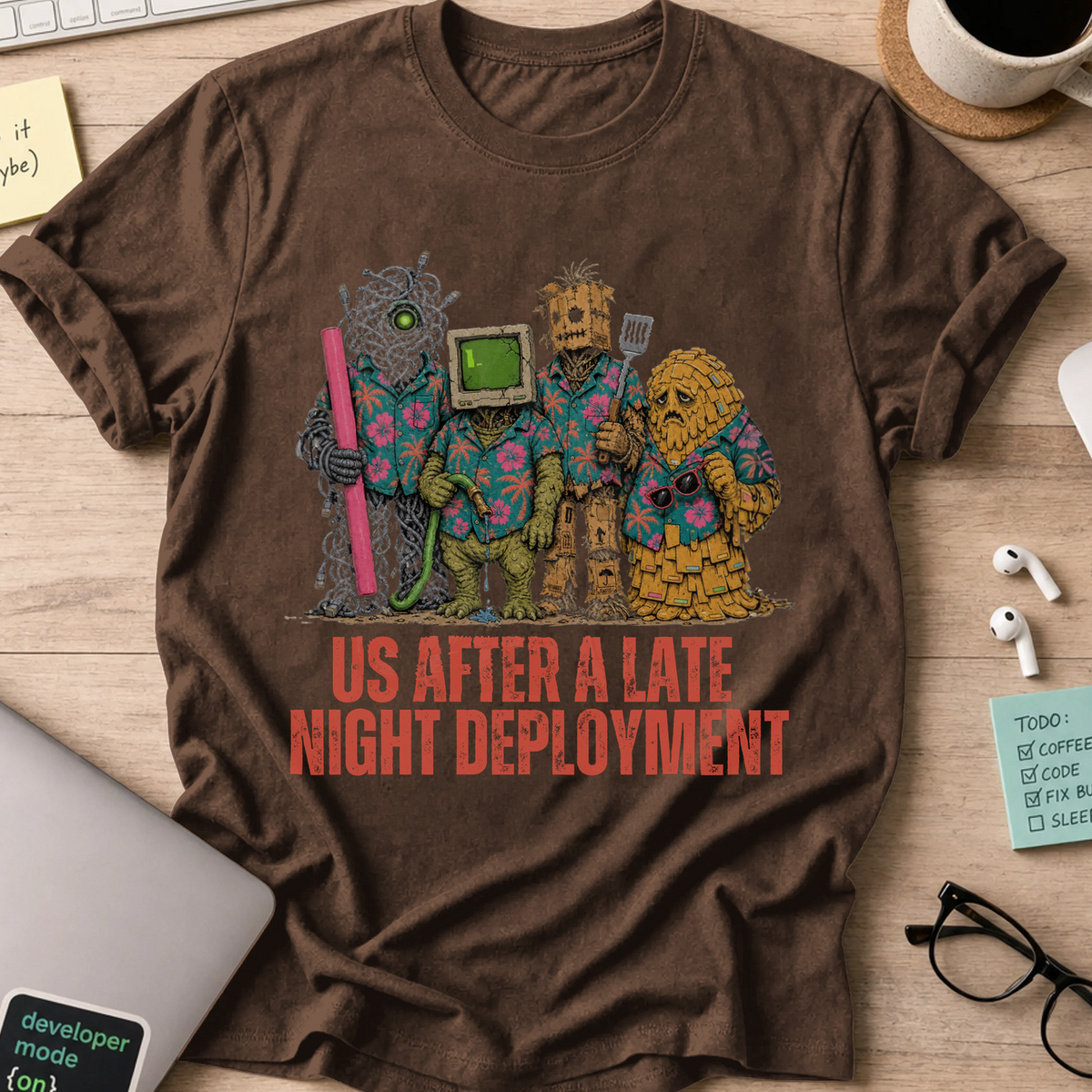Us After a Late Night Deployment Shirt — Dark Chocolate storefront mockup