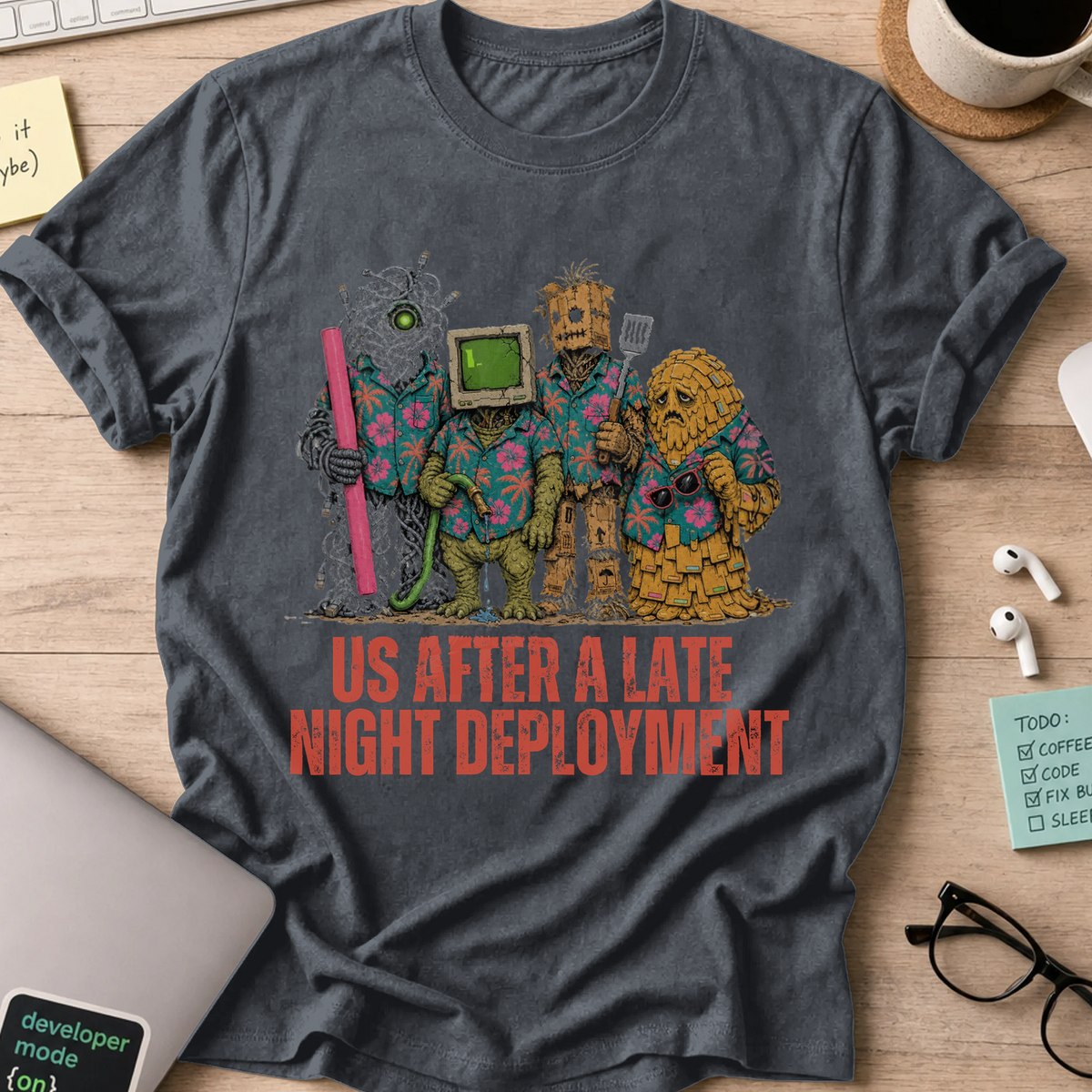 Us After a Late Night Deployment Shirt — Dark Heather storefront mockup