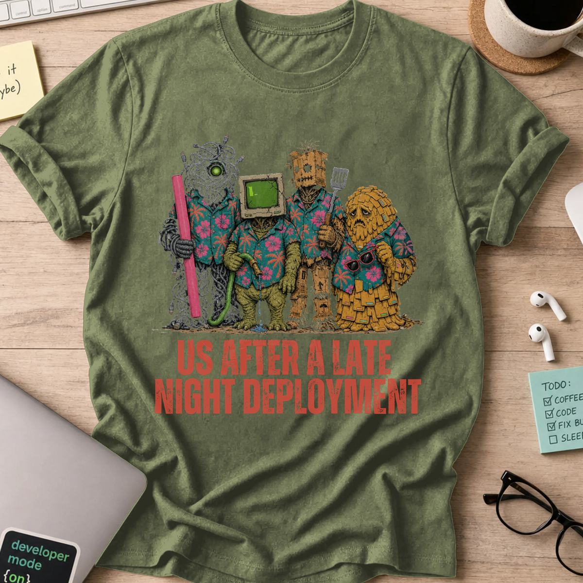 Us After a Late Night Deployment Shirt — Military Green storefront mockup