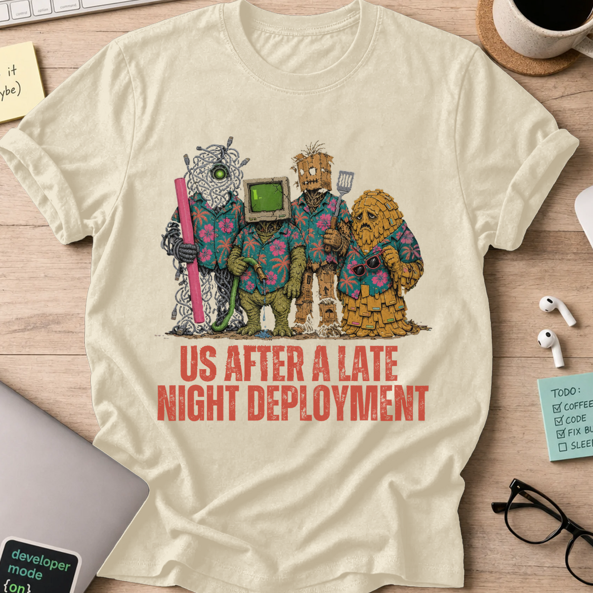 Us After a Late Night Deployment Shirt — Natural storefront mockup