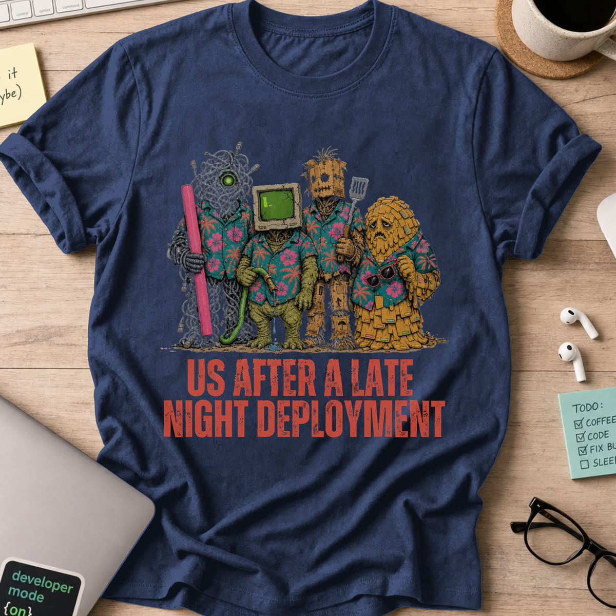 Us After a Late Night Deployment Shirt — Navy storefront mockup