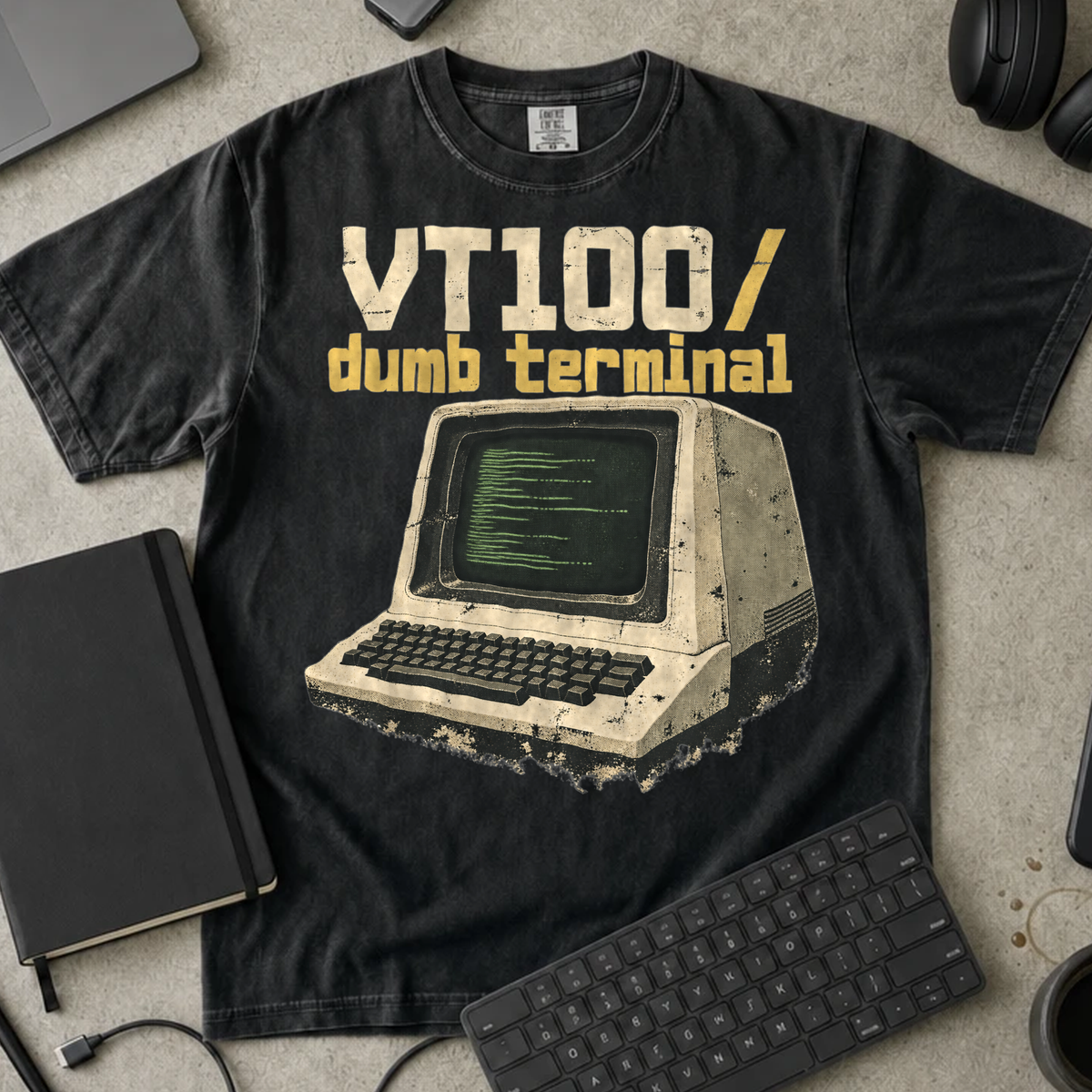 VT100 Dumb Terminal Shirt — Black Comfort Colors 1717 flat lay
