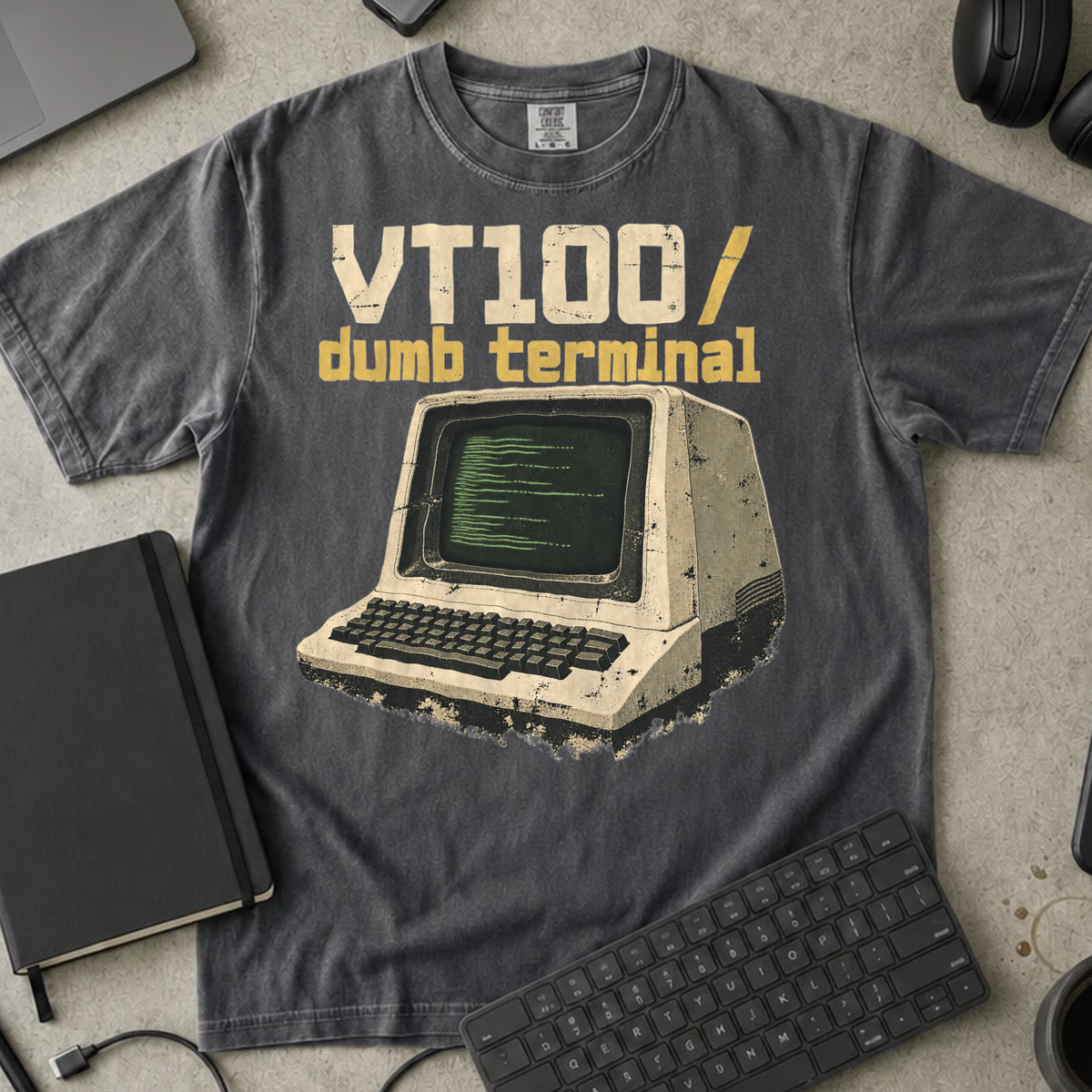 VT100 Dumb Terminal Shirt — Pepper Comfort Colors 1717 flat lay
