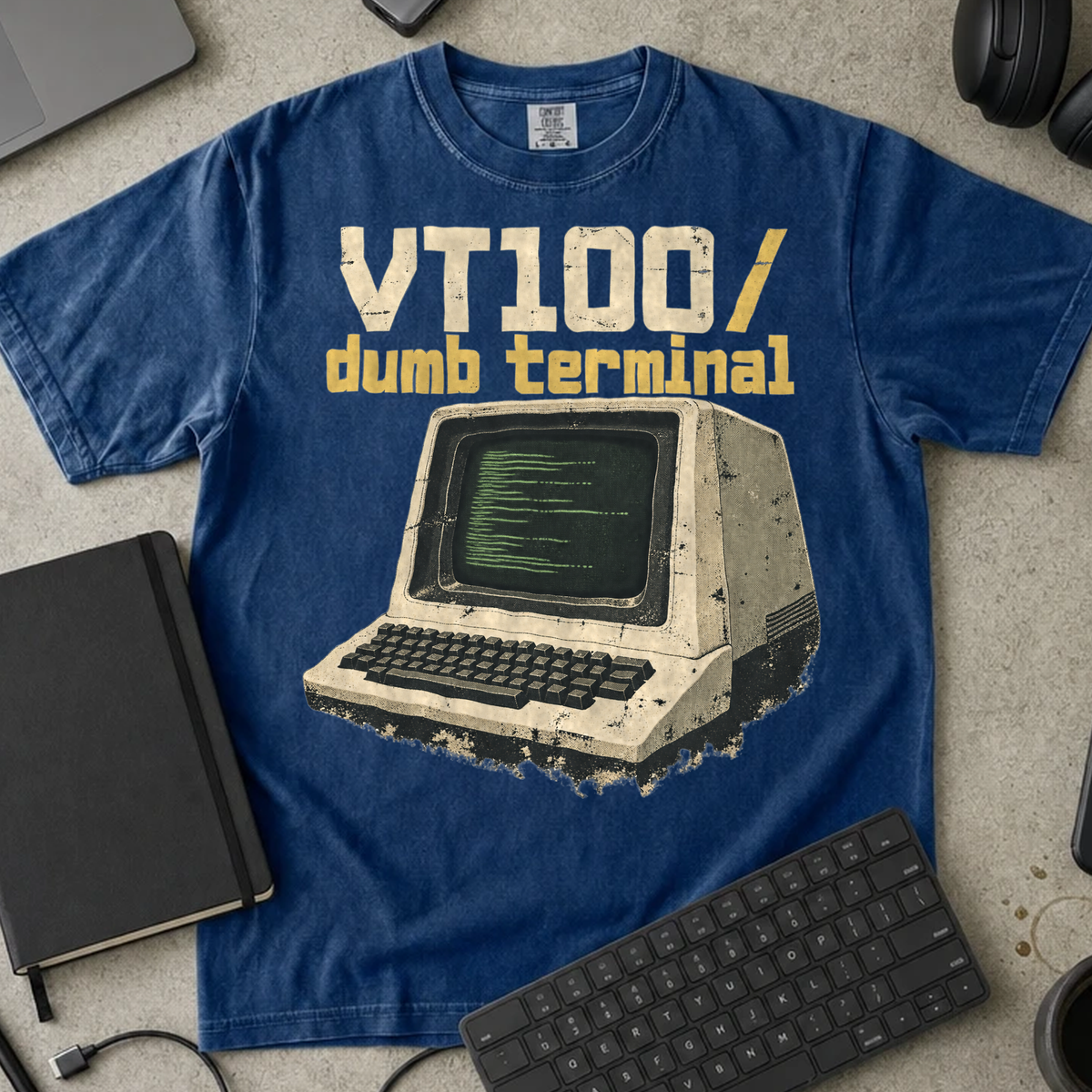 VT100 Dumb Terminal Shirt — True Navy Comfort Colors 1717 flat lay