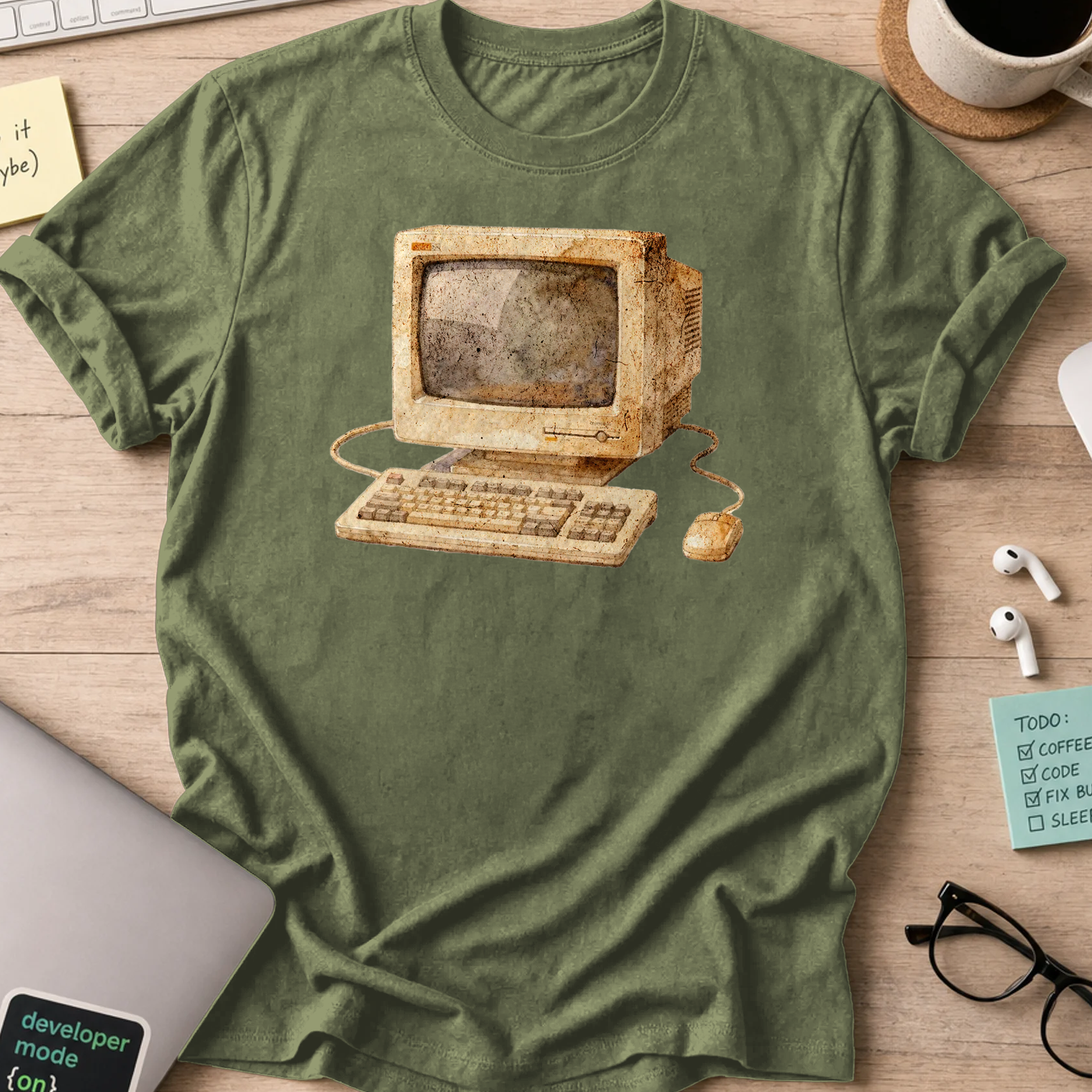 watercolor computer shirt - Military Green