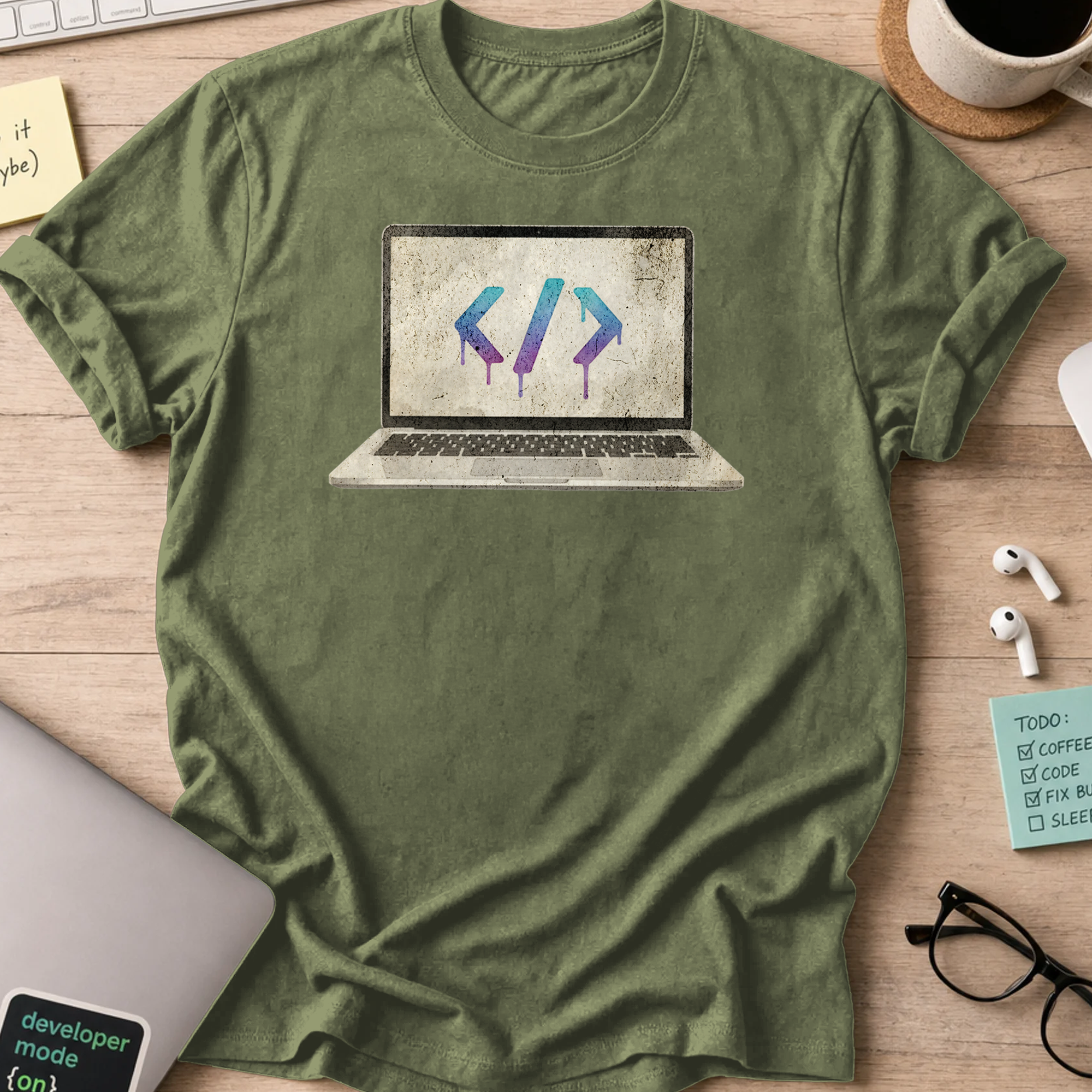 watercolor laptop shirt - Military Green