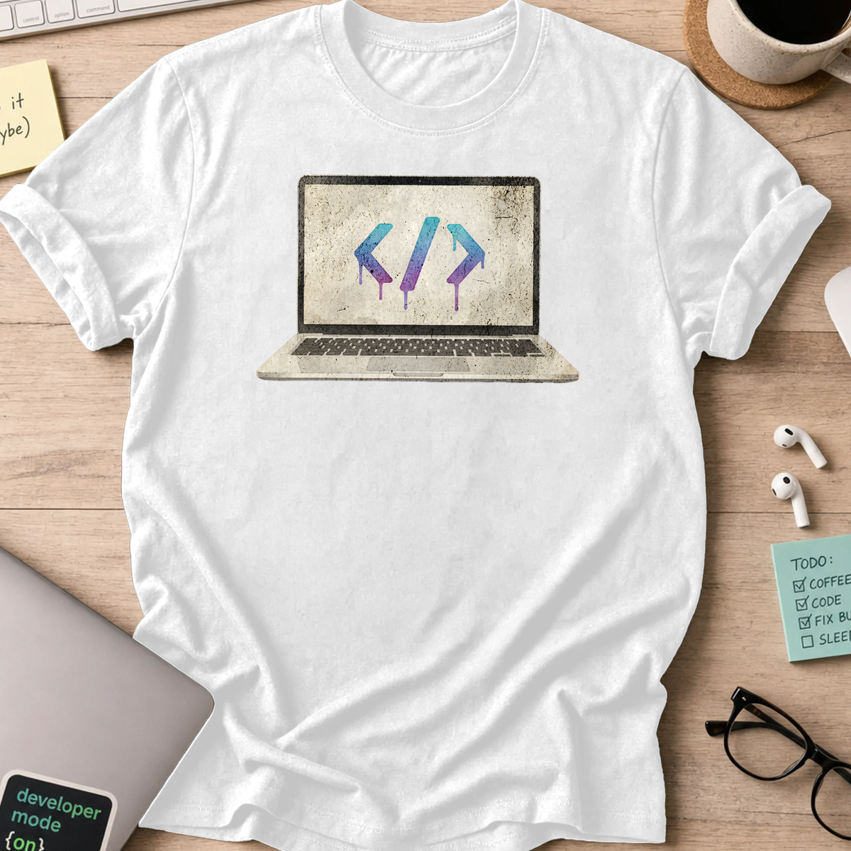 watercolor laptop shirt - White