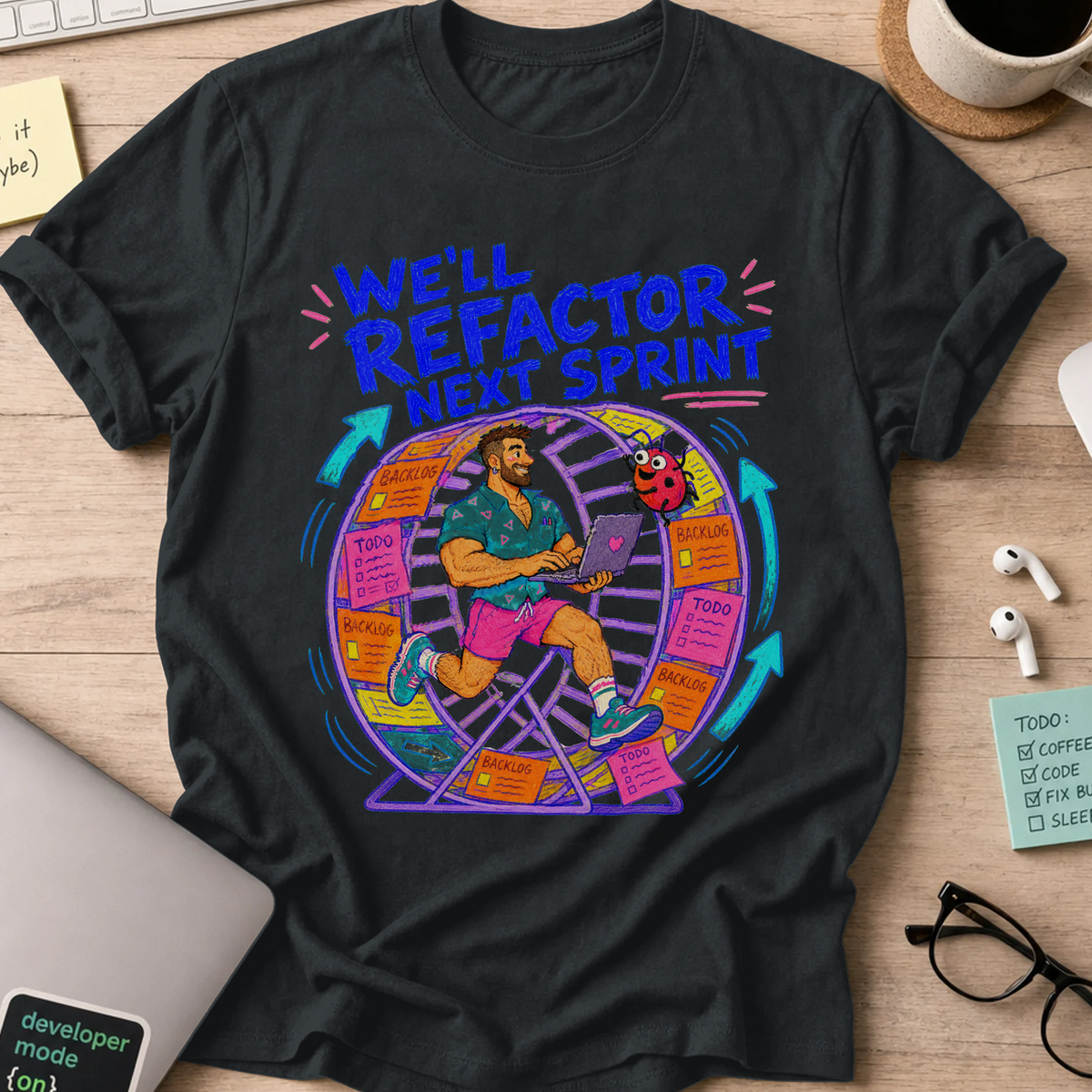 We'll Refactor Next Sprint Shirt — Black storefront mockup