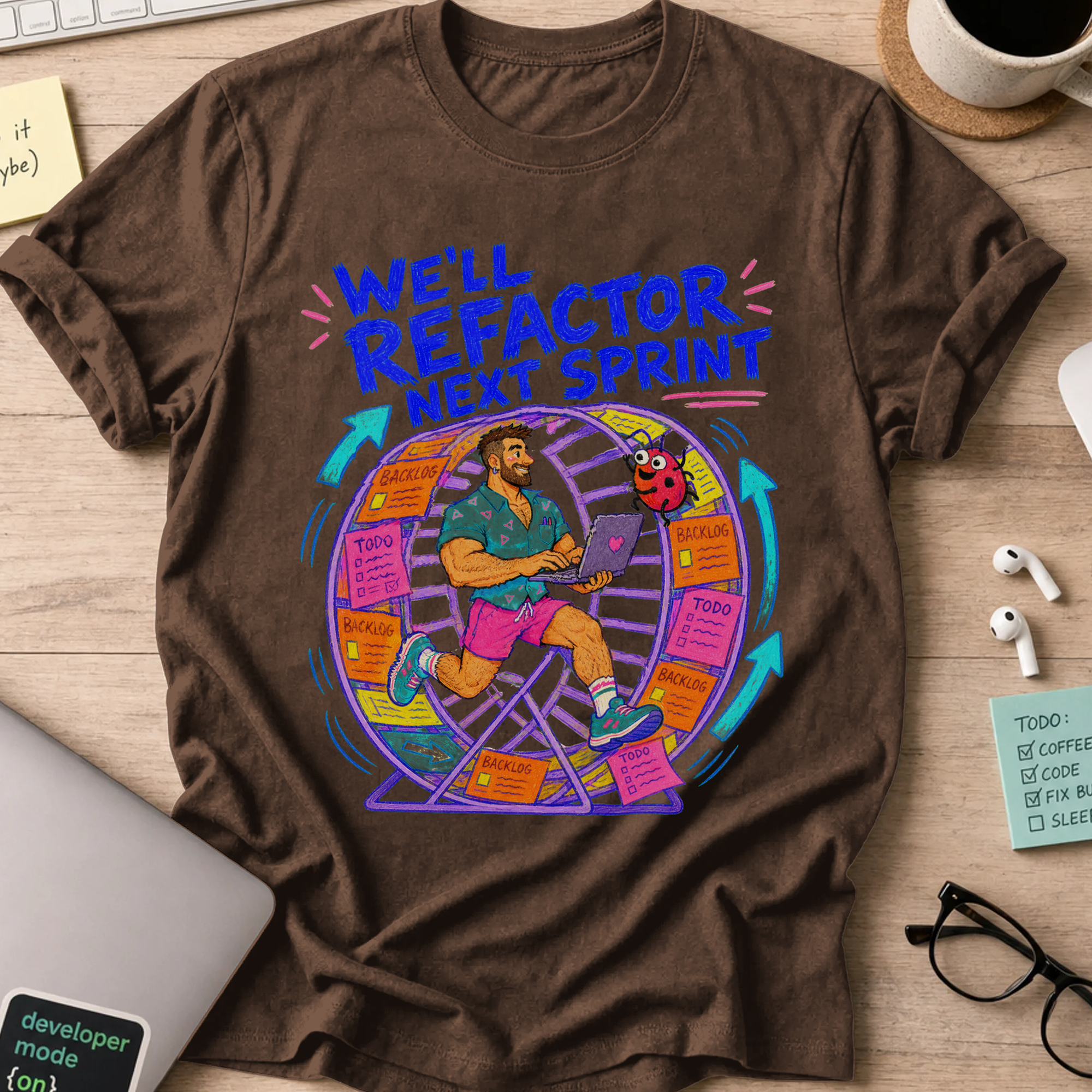 We'll Refactor Next Sprint Shirt — Dark Chocolate storefront mockup