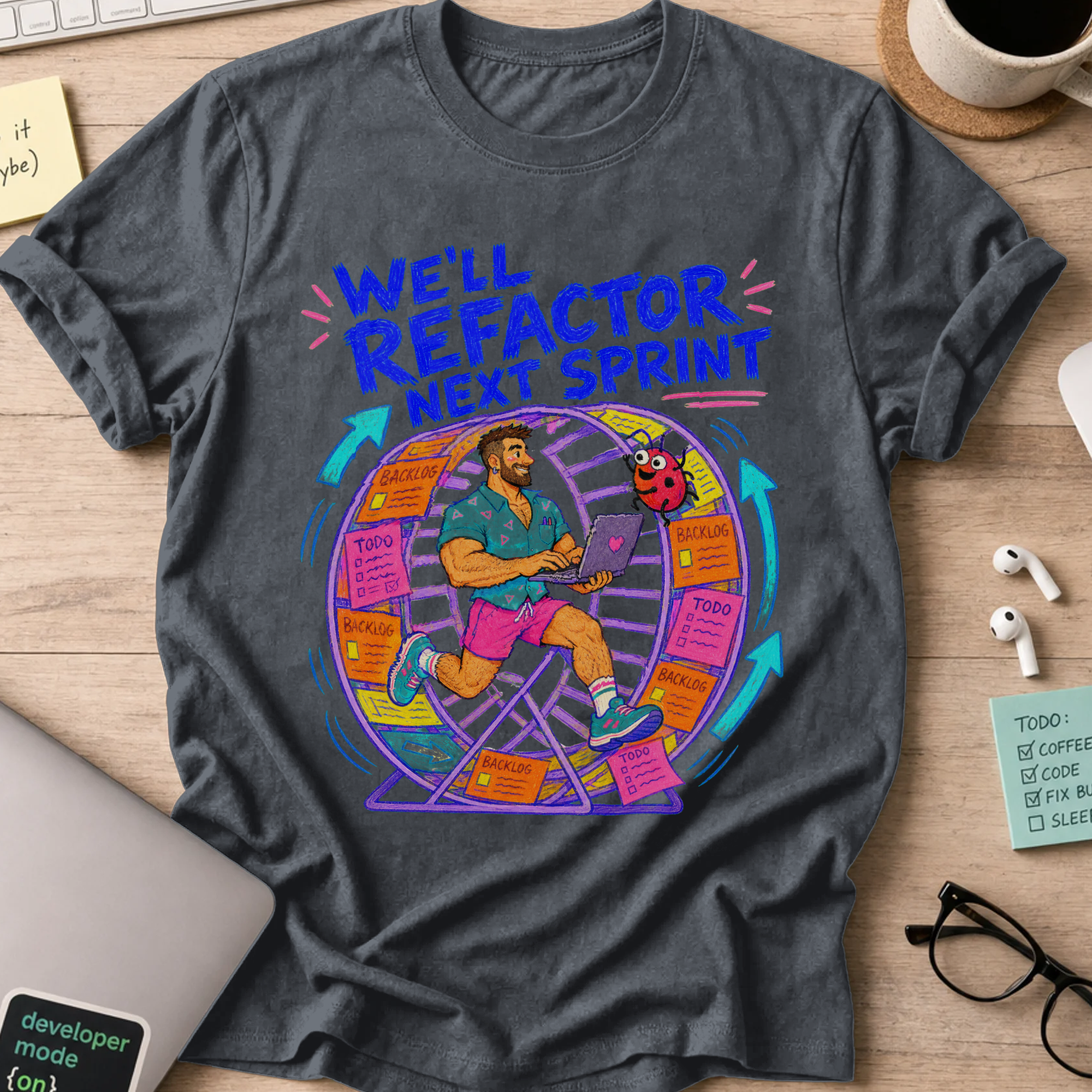 We'll Refactor Next Sprint Shirt — Dark Heather storefront mockup