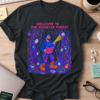 Welcome to the Haunted Forest Shirt — Black storefront mockup