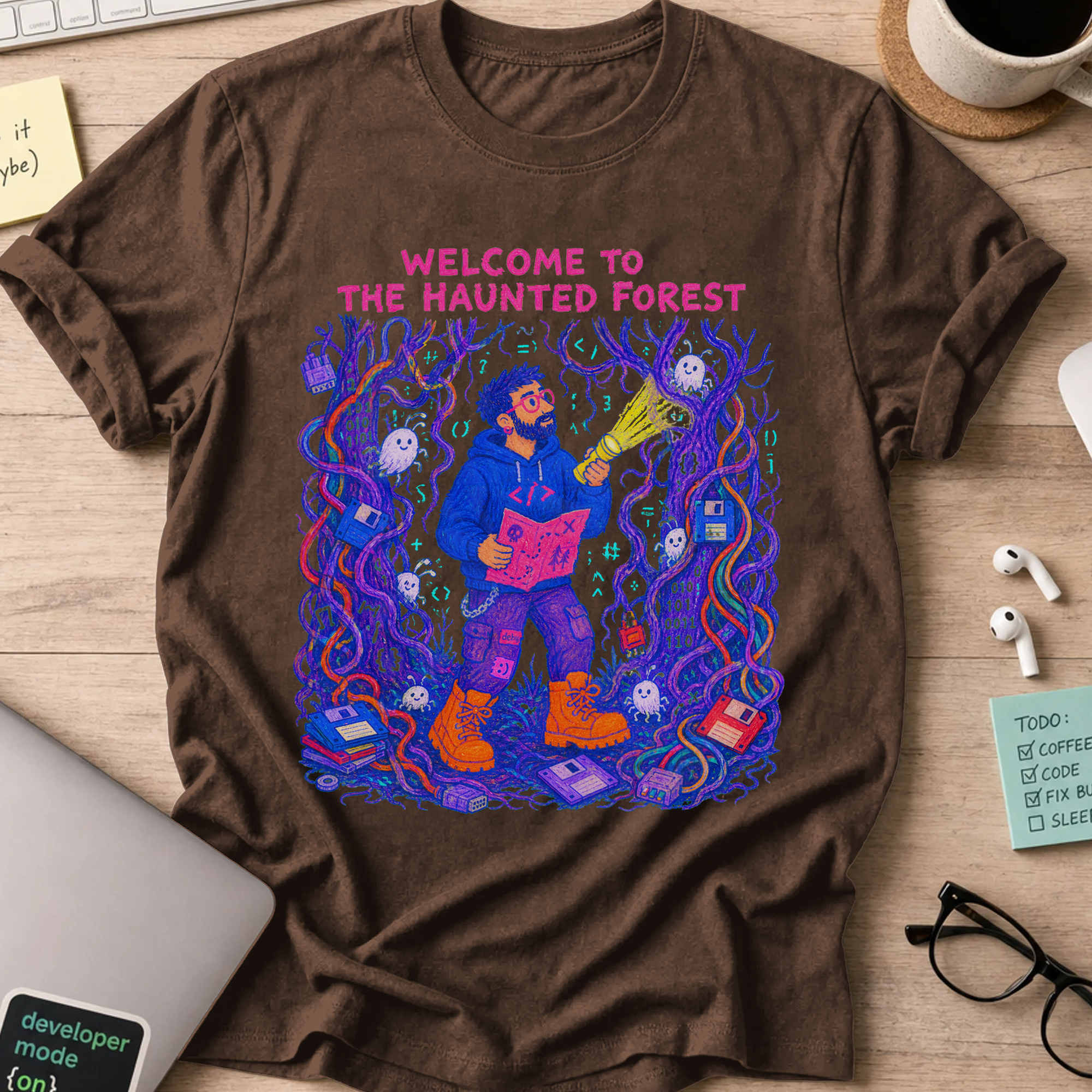 Welcome to the Haunted Forest Shirt — Dark Chocolate storefront mockup