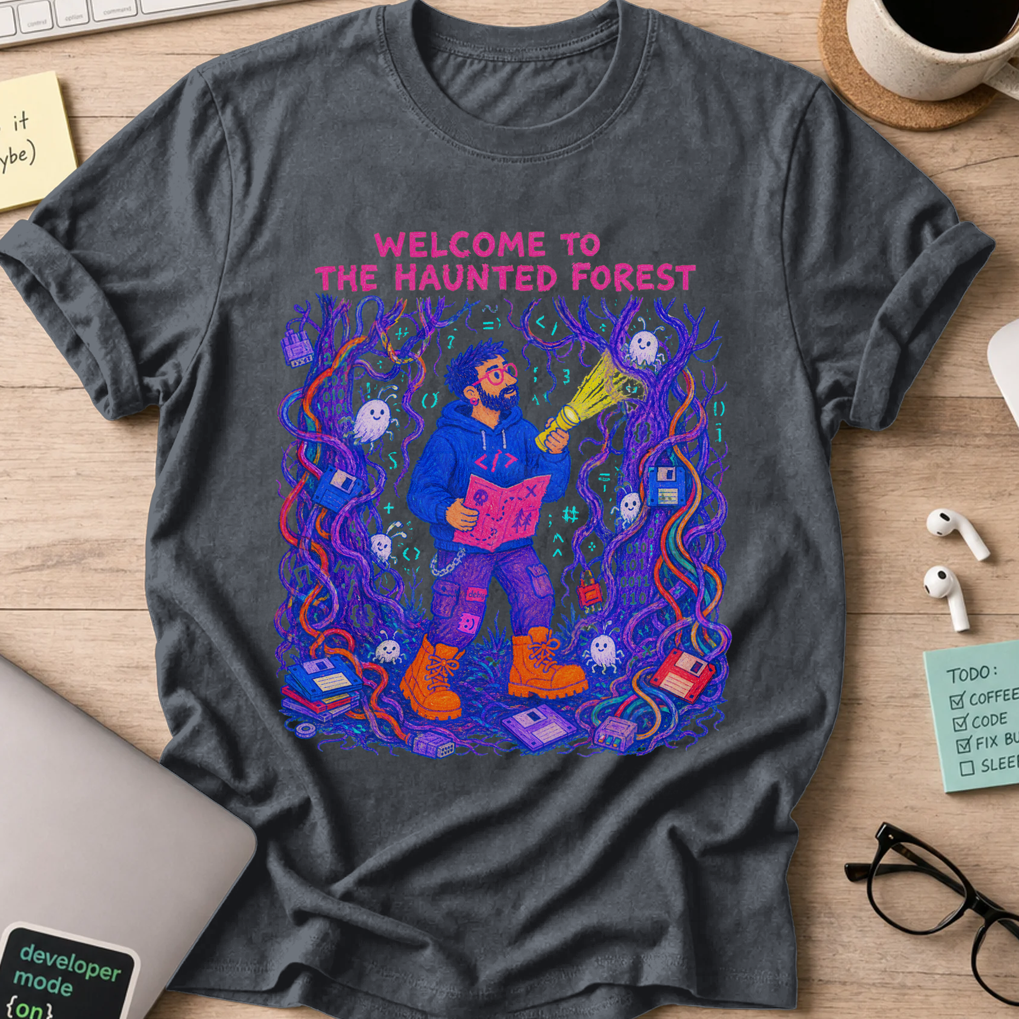 Welcome to the Haunted Forest Shirt — Dark Heather storefront mockup