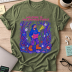 Welcome to the Haunted Forest Shirt — Military Green storefront mockup