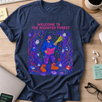 Welcome to the Haunted Forest Shirt — Navy storefront mockup