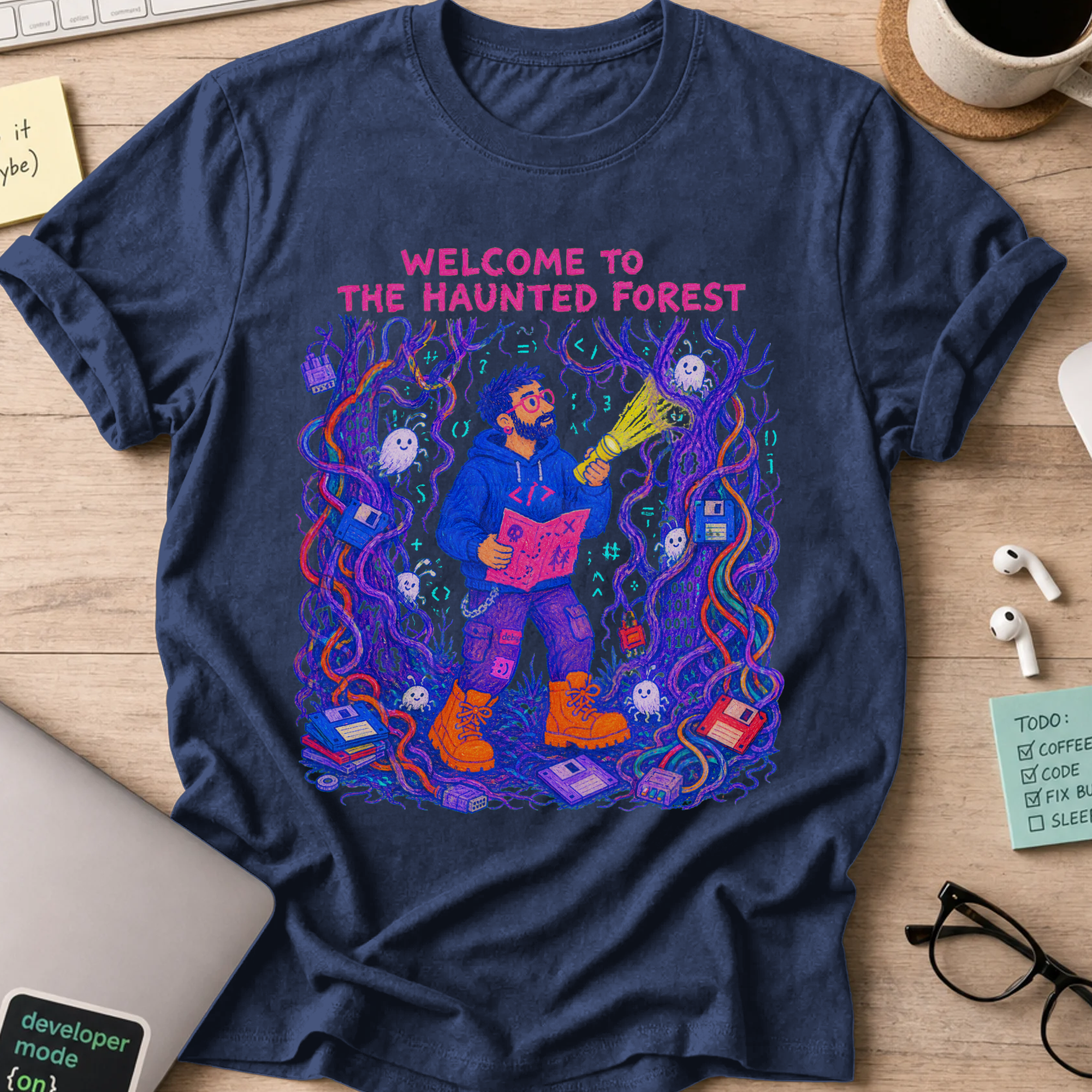 Welcome to the Haunted Forest Shirt — Navy storefront mockup