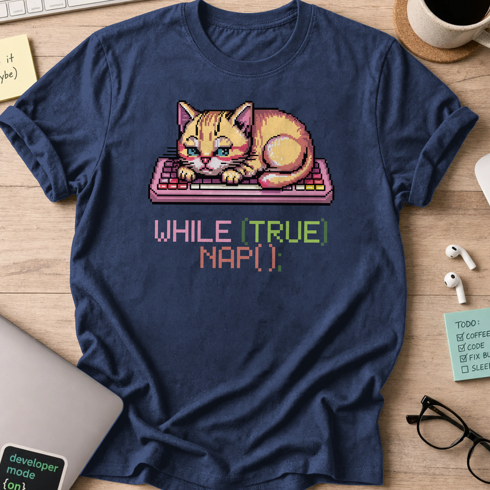 Navy programmer shirt printed with "while(true) nap()", a funny developer t-shirt and coding gift for software engineers and coders.