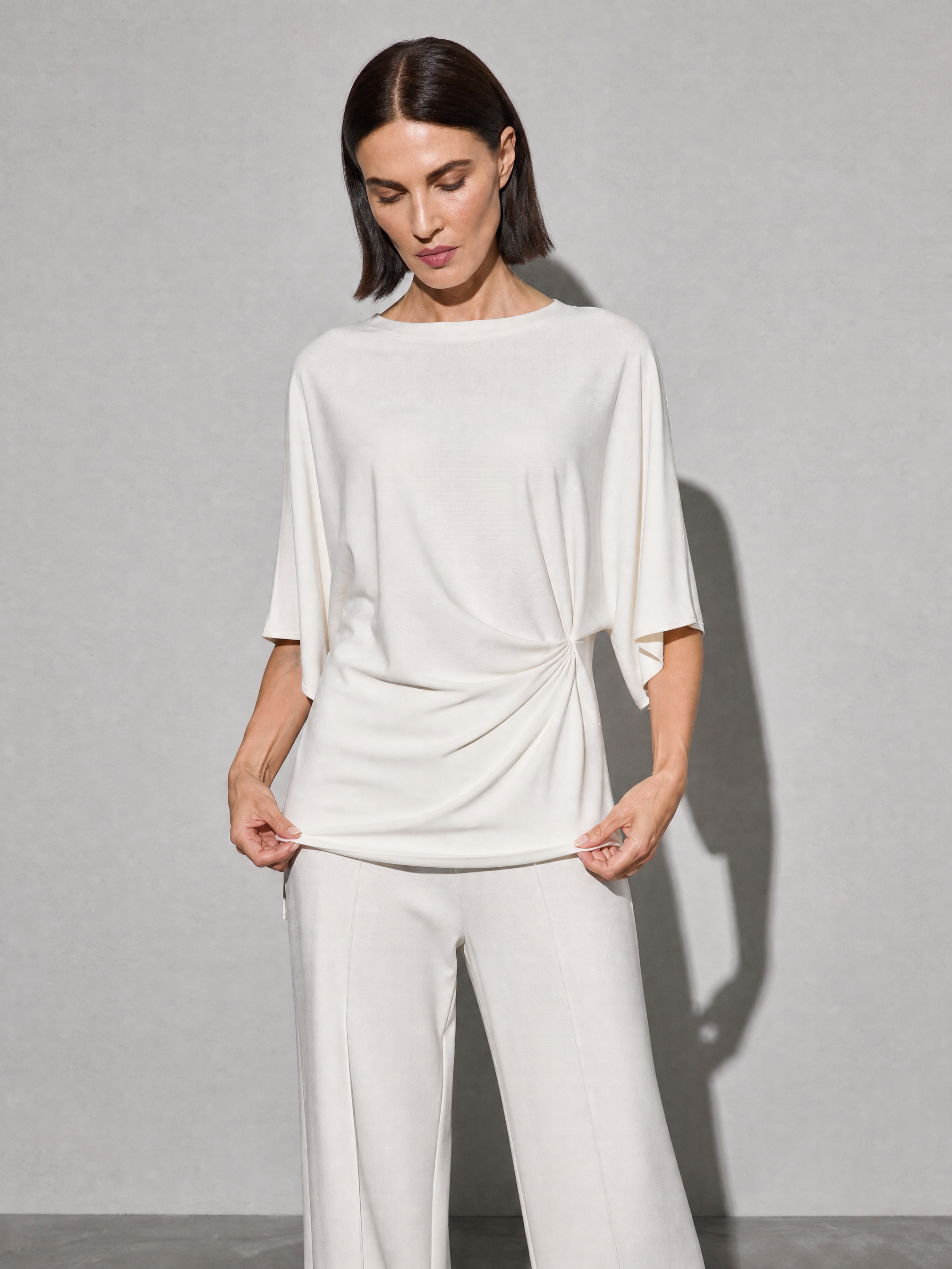 Relaxed-fit Top And High-waisted Wide-leg Pants Two-piece Set - White Premium Fabric Finish Adjusting
