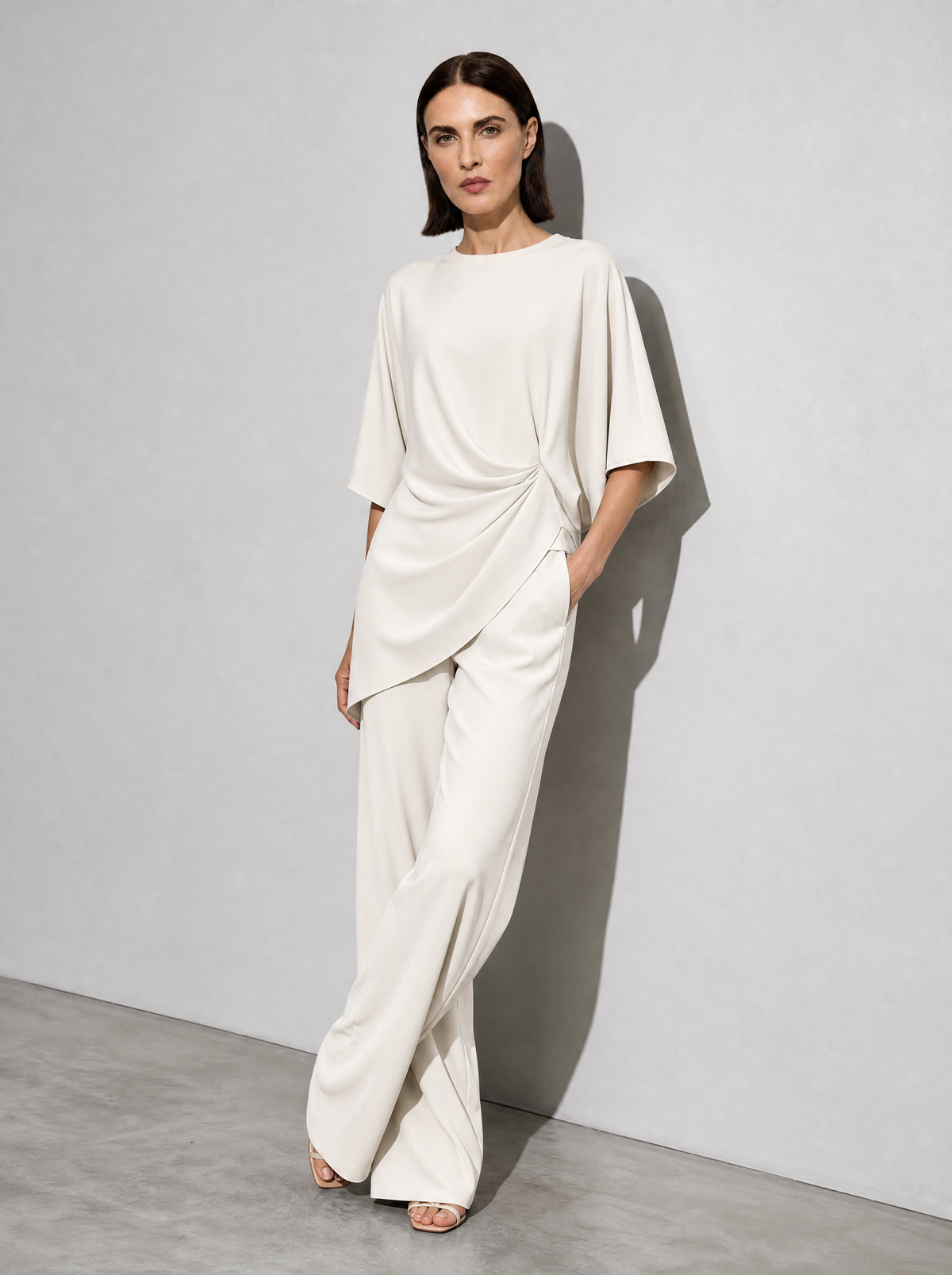 Relaxed-fit Top And High-waisted Wide-leg Pants Two-piece Set - White Premium Fabric Finish Seated Or Lean