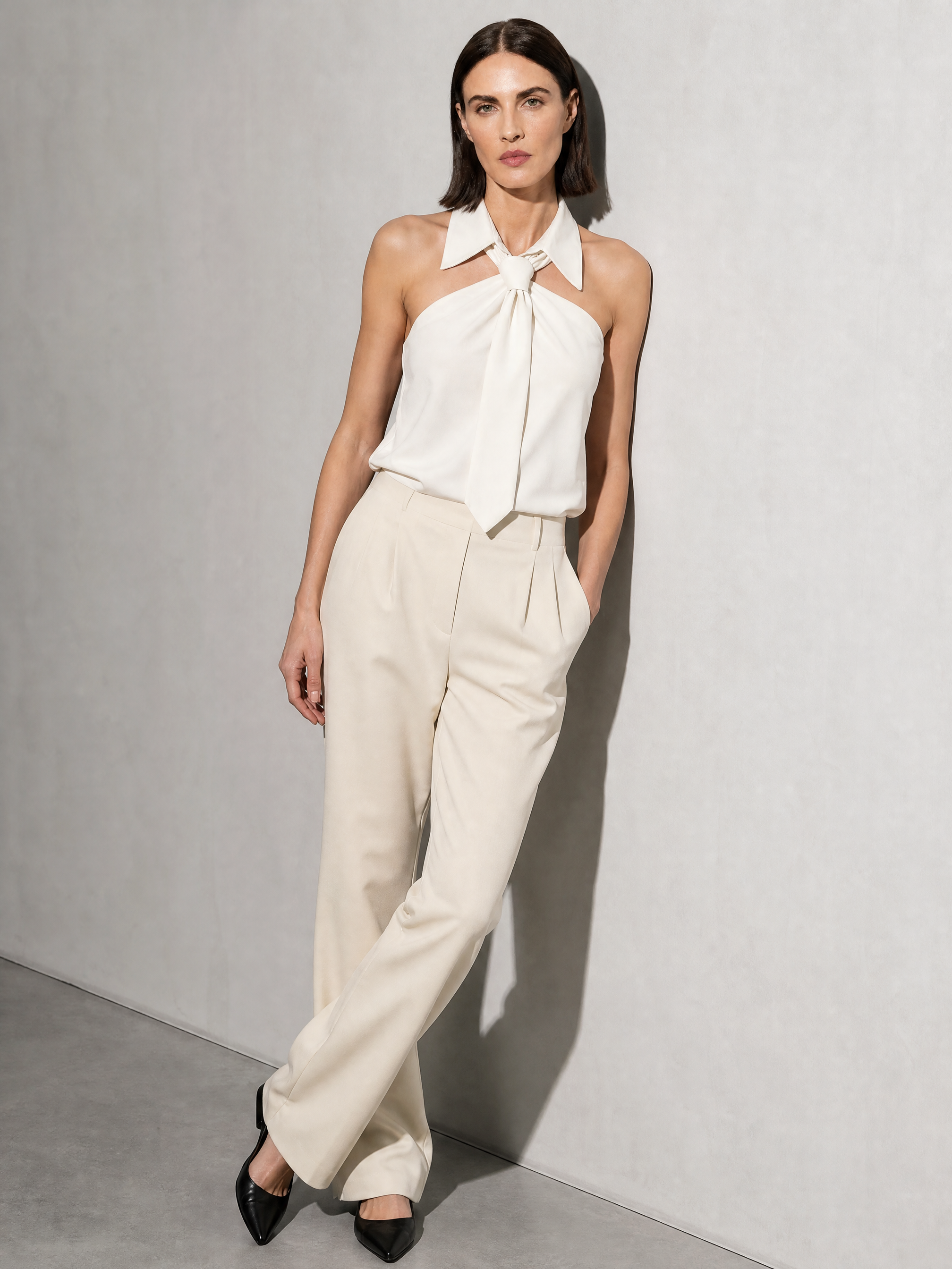 Polo Collar Tie Shirt Women's Design Vest - White Premium Fabric Finish Seated Or Lean