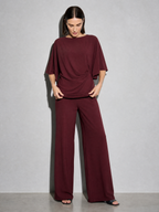 Relaxed-fit Top And High-waisted Wide-leg Pants Two-piece Set - Wine Red Premium Fabric Finish Adjusting