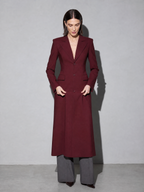 Women's Slim Temperament Long Overcoat Outerwear - Wine Red Premium Fabric Finish Adjusting