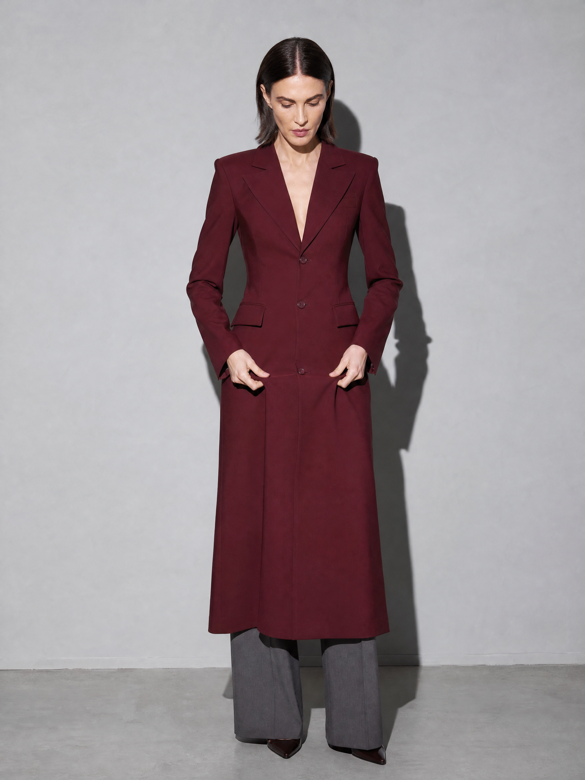 Women's Slim Temperament Long Overcoat Outerwear - Wine Red Premium Fabric Finish Adjusting