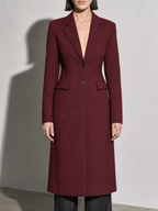 Women's Slim Temperament Long Overcoat Outerwear - Wine Red Premium Fabric Finish Bust To Thigh