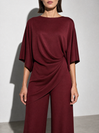 Relaxed-fit Top And High-waisted Wide-leg Pants Two-piece Set - Wine Red Premium Fabric Finish Bust To Thigh