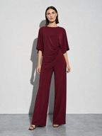 Relaxed-fit Top And High-waisted Wide-leg Pants Two-piece Set - Wine Red Premium Fabric Finish Main