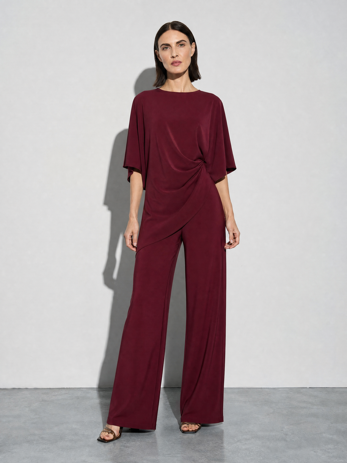 Relaxed-fit Top And High-waisted Wide-leg Pants Two-piece Set - Wine Red Premium Fabric Finish Main