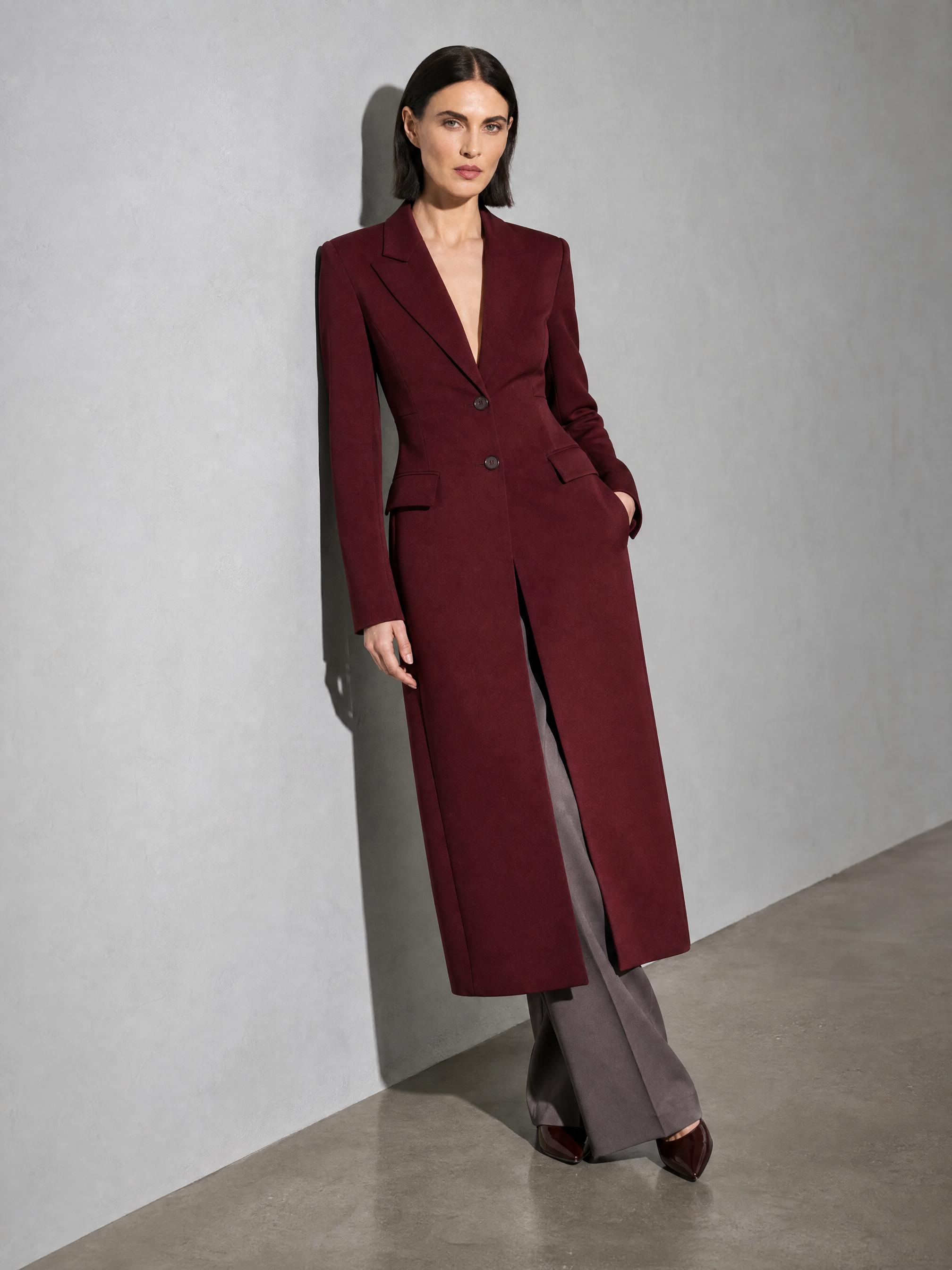 Women's Slim Temperament Long Overcoat Outerwear - Wine Red Premium Fabric Finish Seated Or Lean