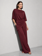 Relaxed-fit Top And High-waisted Wide-leg Pants Two-piece Set - Wine Red Premium Fabric Finish Seated Or Lean
