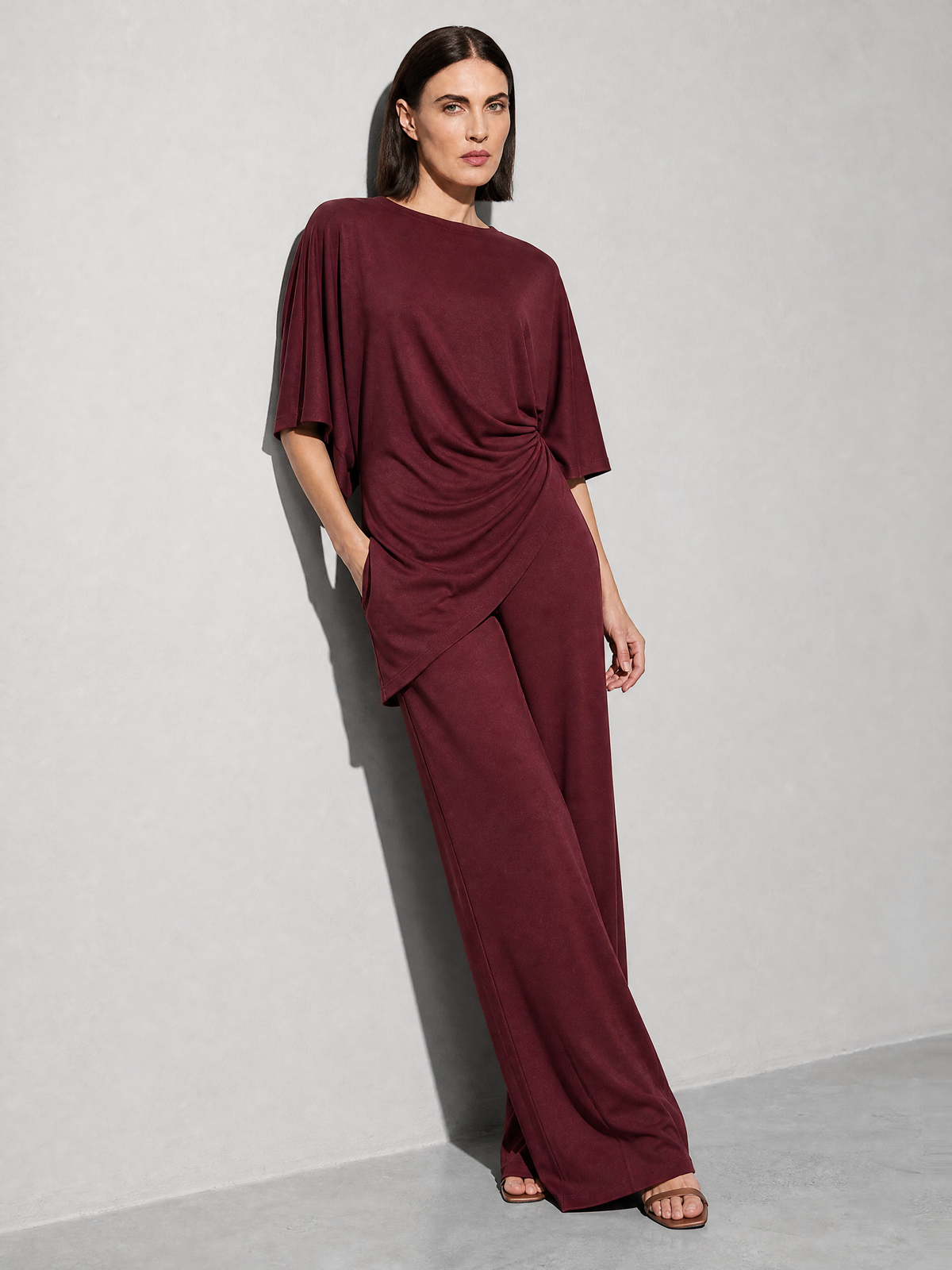 Relaxed-fit Top And High-waisted Wide-leg Pants Two-piece Set - Wine Red Premium Fabric Finish Seated Or Lean