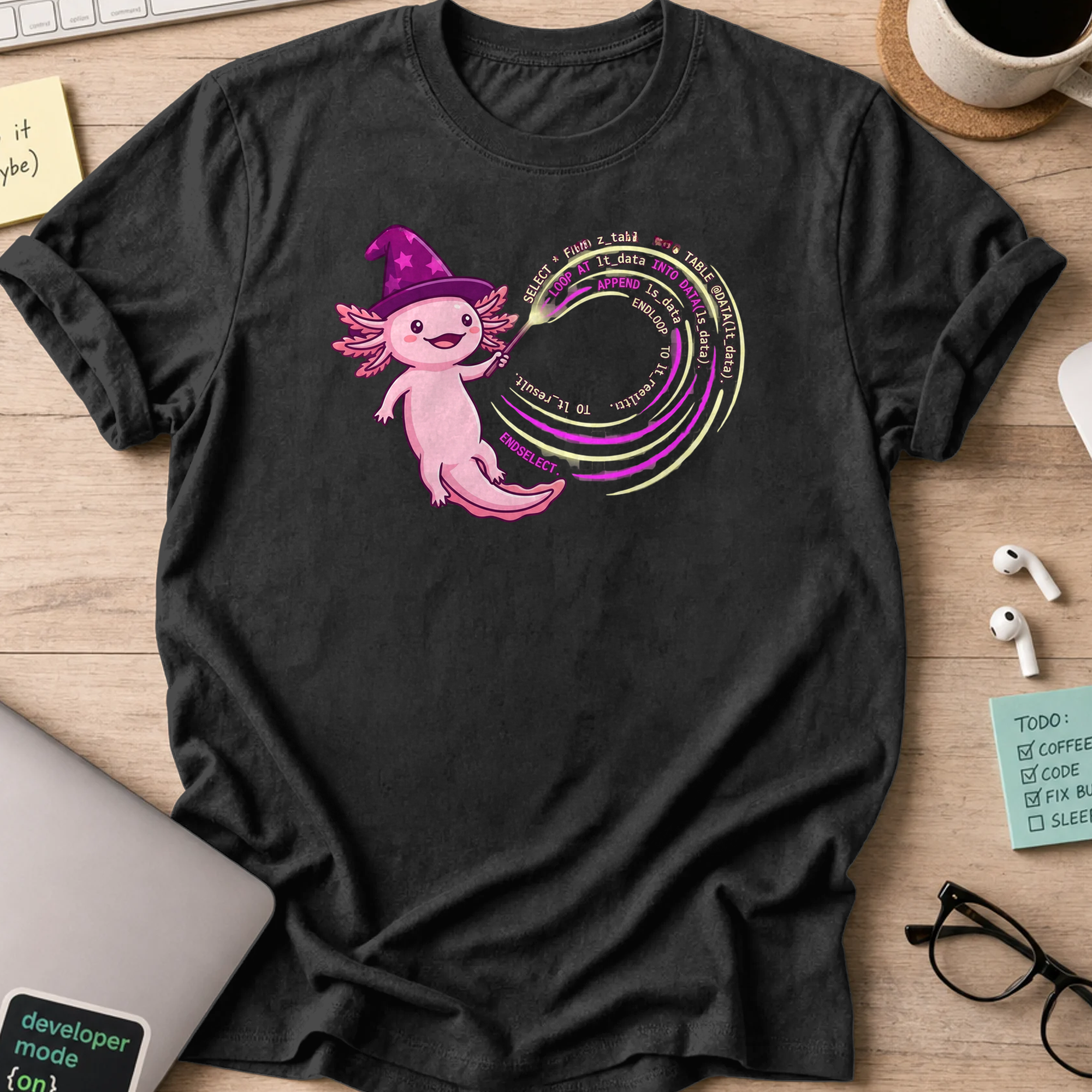 wizard axolotl coder shirt - Black