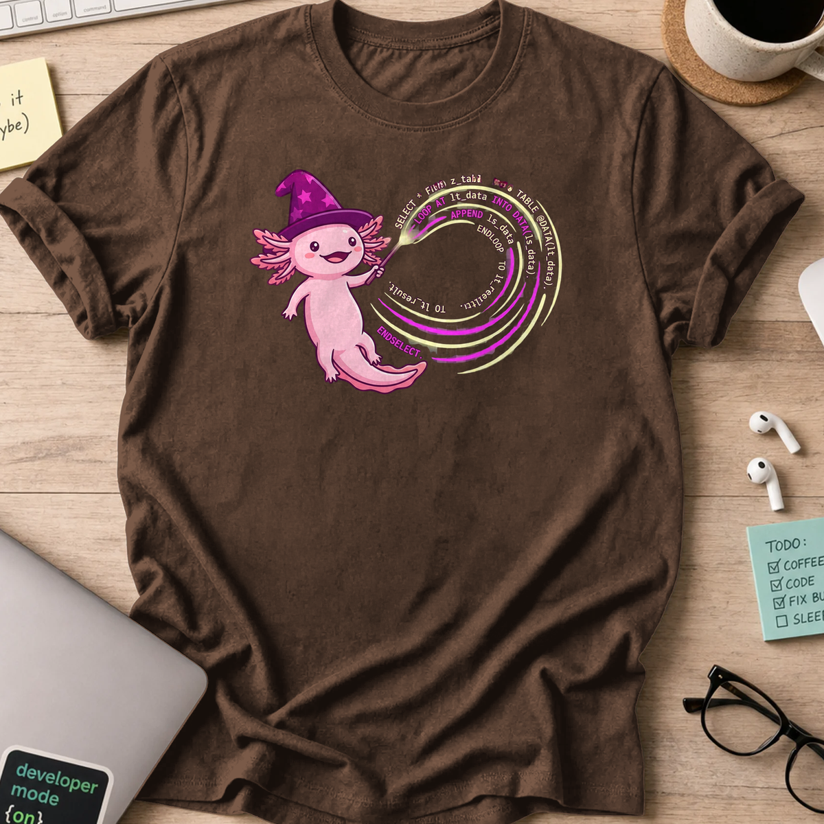wizard axolotl coder shirt - Dark Chocolate