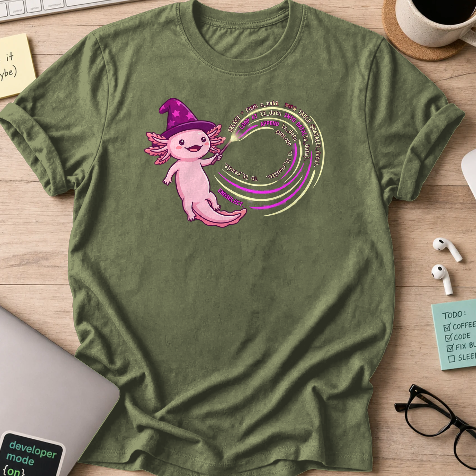 wizard axolotl coder shirt - Military Green