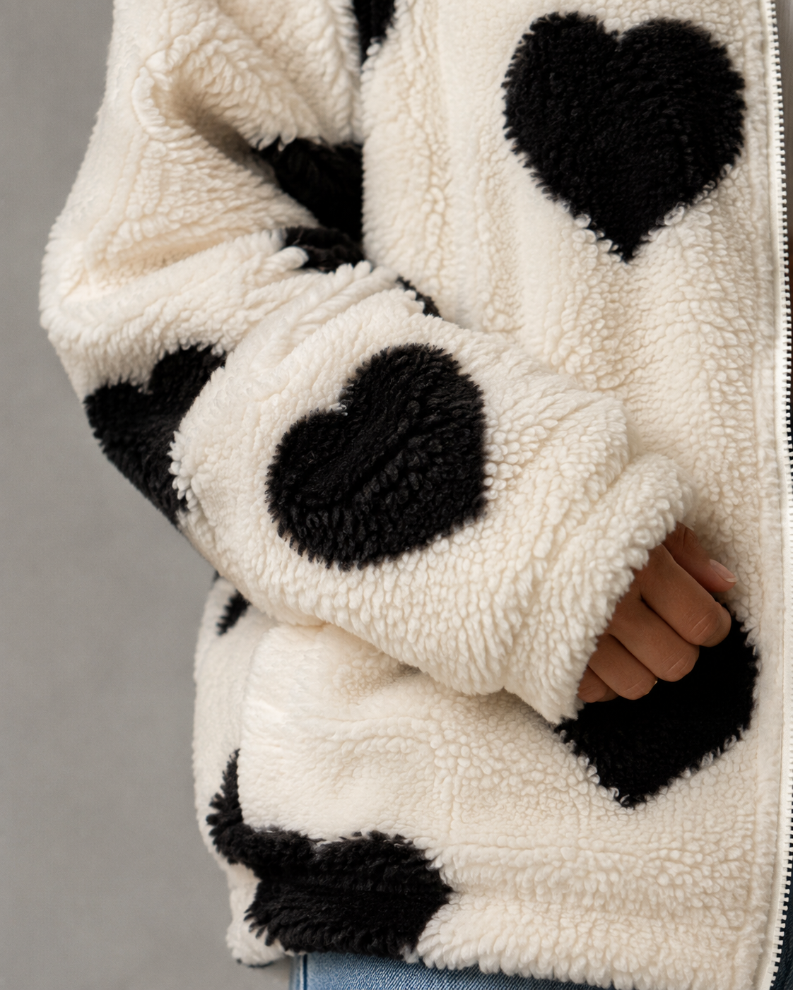 Women's Jacket Teddy Fleece Heart Print Full Zip