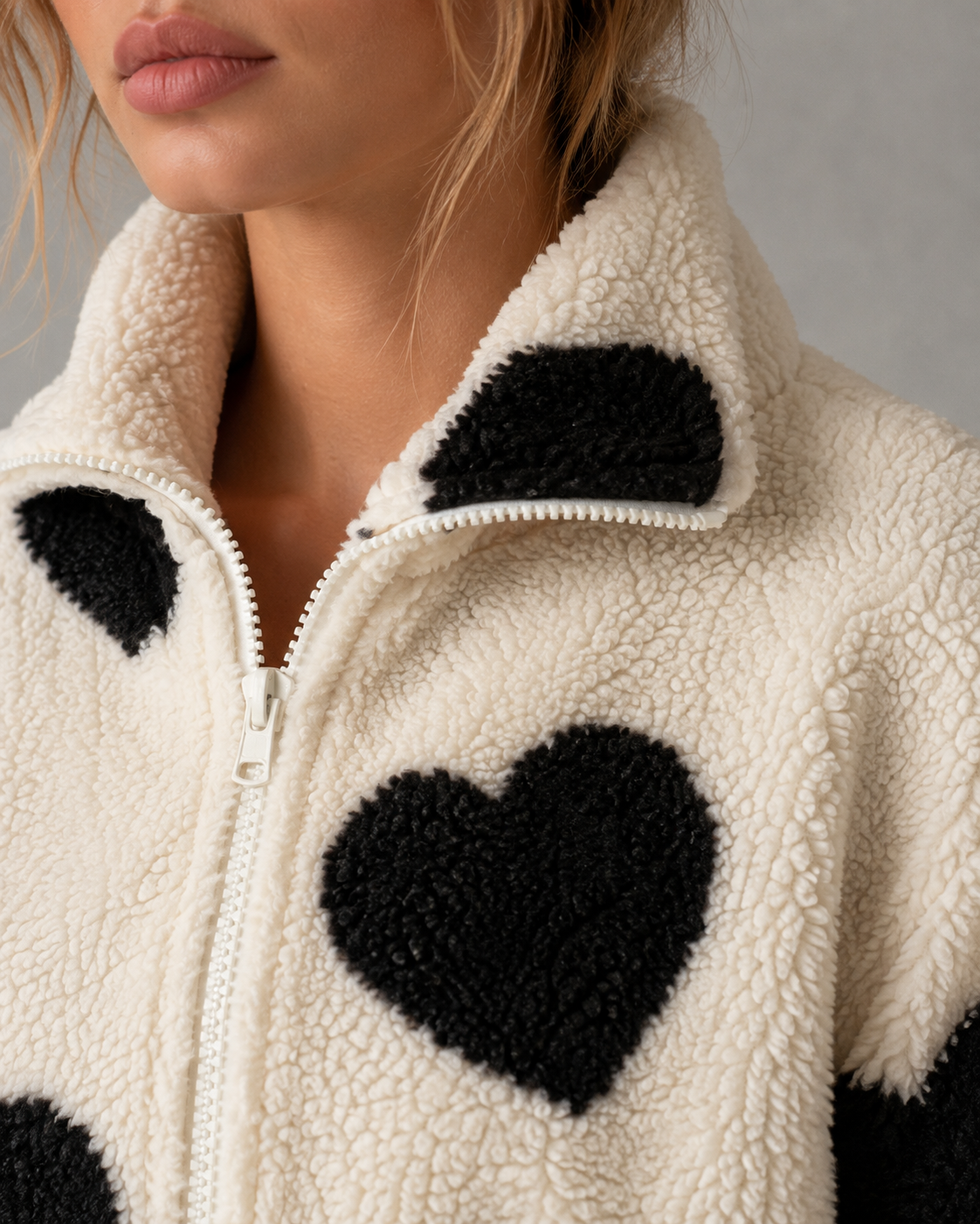 Women's Jacket Teddy Fleece Heart Print Full Zip
