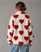 Women's Jacket Teddy Fleece Heart Print Full Zip
